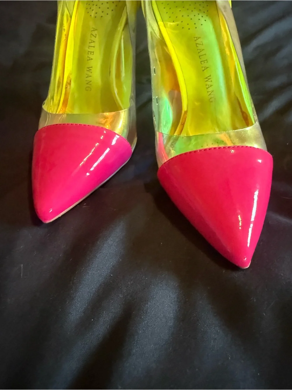 Azalea Wang Women’s Neon Pink Pointed Clear Pumps